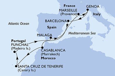 Francie, Itálie, Španělsko, Maroko, Portugalsko z Marseille na lodi MSC Divina