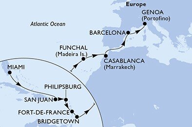 USA, Svatý Martin, Martinik, Barbados, Portugalsko, Maroko, Španělsko, Itálie z Miami na lodi MSC Divina