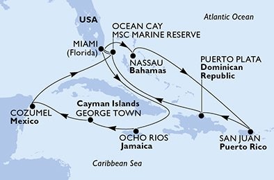 USA, Jamajka, Kajmanské ostrovy, Mexiko, Bahamy, Dominikánská republika z Miami na lodi MSC Seascape