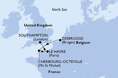 Belgie, Francie, Velká Británie ze Zeebrugge na lodi MSC Virtuosa