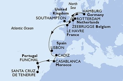 Velká Británie, Německo, Belgie, Nizozemsko, Francie, Portugalsko, Španělsko, Maroko ze Southamptonu na lodi MSC Virtuosa