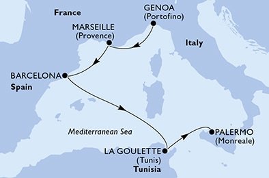 Itálie, Francie, Španělsko, Tunisko z Janova na lodi MSC Grandiosa