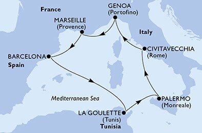 Francie, Španělsko, Tunisko, Itálie z Marseille na lodi MSC Grandiosa