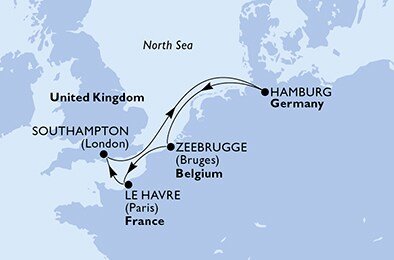 Belgie, Francie, Velká Británie, Německo ze Zeebrugge na lodi MSC Euribia