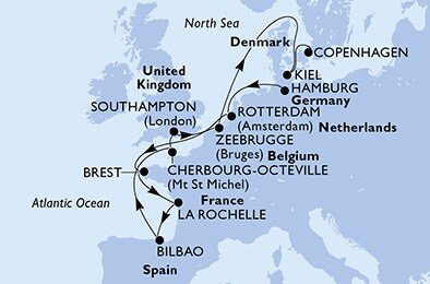 Německo, Nizozemsko, Francie, Španělsko, Velká Británie, Belgie, Dánsko z Hamburku na lodi MSC Euribia