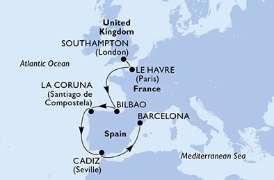 Velká Británie, Francie, Španělsko ze Southamptonu na lodi MSC Virtuosa