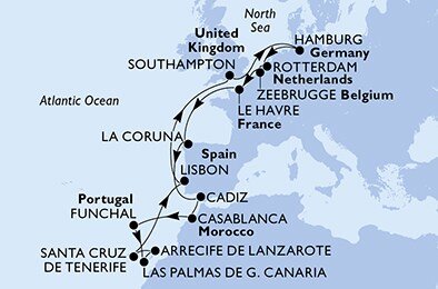 Francie, Španělsko, Maroko, Portugalsko, Velká Británie, Německo, Nizozemsko, Belgie z Le Havru na lodi MSC Euribia