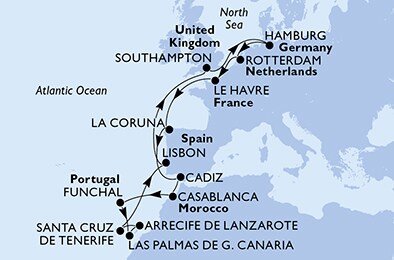 Nizozemsko, Francie, Španělsko, Maroko, Portugalsko, Velká Británie, Německo z Rotterdamu na lodi MSC Euribia