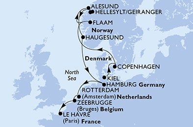 Německo, Dánsko, Norsko, Nizozemsko, Belgie, Francie z Kielu na lodi MSC Euribia