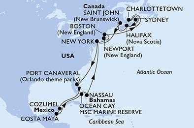 USA - Východní pobřeží, Kanada, USA, Mexiko, Bahamy z New Yorku na lodi MSC Meraviglia