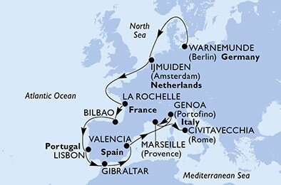 Německo, Nizozemsko, Francie, Španělsko, Portugalsko, Velká Británie, Itálie z Warnemünde na lodi MSC Poesia