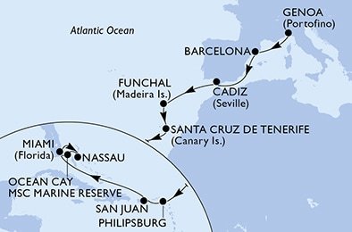 Itálie, Španělsko, Portugalsko, Svatý Martin, USA, Bahamy z Janova na lodi MSC Divina