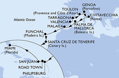 Španělsko, Francie, Itálie, Portugalsko, Svatý Martin, Britské Panenské ostrovy, USA z Valencie na lodi MSC Magnifica