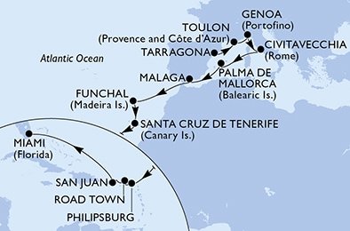 Španělsko, Francie, Itálie, Portugalsko, Svatý Martin, Britské Panenské ostrovy, USA z Tarragony na lodi MSC Magnifica