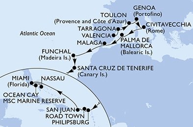 Španělsko, Francie, Itálie, Portugalsko, Svatý Martin, Britské Panenské ostrovy, USA, Bahamy z Valencie na lodi MSC Magnifica