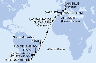 Argentina, Uruguay, Brazílie, Španělsko, Francie z Buenos Aires na lodi MSC Musica
