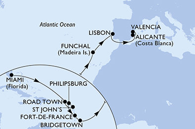 USA, Britské Panenské ostrovy, Antigua a Barbuda, Svatý Martin, Martinik, Barbados, Portugalsko, Španělsko z Miami na lodi MSC Magnifica