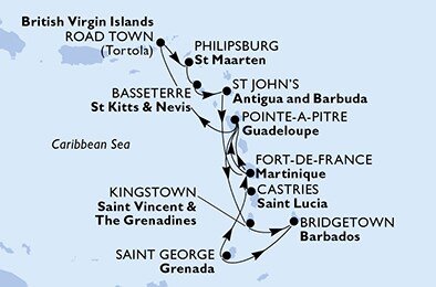 Martinik, Guadeloupe, Britské Panenské ostrovy, Svatý Martin, Svatý Kryštof a Nevis, Antigua a Barbuda, Svatý Vincenc a Grenadiny, Barbados, Grenada, Svatá Lucie z Fort-de-France, Martinik na lodi MSC Virtuosa