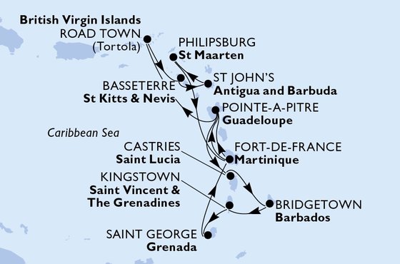 Martinik, Guadeloupe, Britské Panenské ostrovy, Svatý Kryštof a Nevis, Antigua a Barbuda, Svatý Martin, Svatá Lucie, Barbados, Svatý Vincenc a Grenadiny, Grenada z Fort-de-France, Martinik na lodi MSC Virtuosa