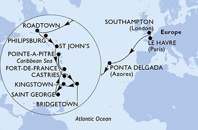 Velká Británie, Francie, Portugalsko, Britské Panenské ostrovy, Svatý Martin, Antigua a Barbuda, Martinik, Guadeloupe, Svatá Lucie, Barbados, Svatý Vincenc a Grenadiny, Grenada ze Southamptonu na lodi MSC Virtuosa