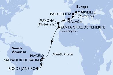 Francie, Španělsko, Portugalsko, Brazílie z Marseille na lodi MSC Grandiosa