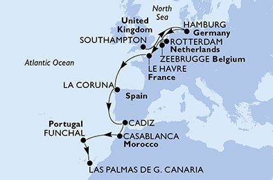 Velká Británie, Německo, Belgie, Nizozemsko, Francie, Španělsko, Maroko, Portugalsko ze Southamptonu na lodi MSC Euribia
