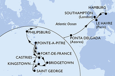 Martinik, Guadeloupe, Svatá Lucie, Barbados, Svatý Vincenc a Grenadiny, Grenada, Svatý Martin, Portugalsko, Německo, Francie, Velká Británie z Fort-de-France na lodi MSC Virtuosa Martinik, Guadeloupe, Svatá Lucie, Barbados, Svatý Vincenc a Grenadiny, Grenada, Svatý Martin, Portugalsko, Německo, Francie, Velká Británie z Fort-de-France na lodi MSC Virtuosa