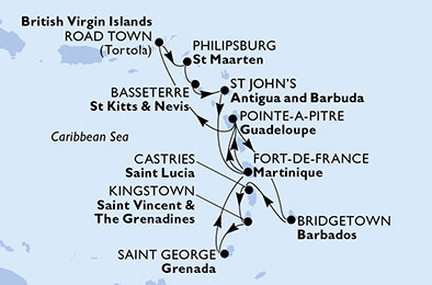 Martinik, Guadeloupe, Britské Panenské ostrovy, Svatý Martin, Svatý Kryštof a Nevis, Antigua a Barbuda, Barbados, Svatá Lucie, Svatý Vincenc a Grenadiny, Grenada z Fort-de-France, Martinik na lodi MSC Virtuosa