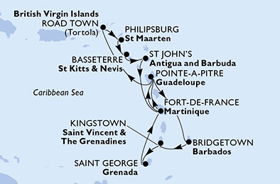Barbados, Svatý Vincenc a Grenadiny, Grenada, Martinik, Guadeloupe, Britské Panenské ostrovy, Svatý Martin, Svatý Kryštof a Nevis, Antigua a Barbuda z Bridgetownu na lodi MSC Virtuosa
