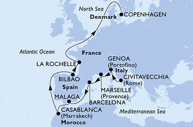 Itálie, Francie, Španělsko, Maroko, Dánsko z Civitavecchia na lodi MSC Magnifica