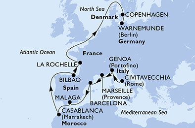 Itálie, Francie, Španělsko, Maroko, Dánsko, Německo z Civitavecchia na lodi MSC Magnifica