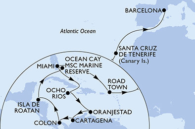 USA, Jamajka, Aruba, Kolumbie, Panama, Honduras, Bahamy, Britské Panenské ostrovy, Španělsko z Miami na lodi MSC Divina