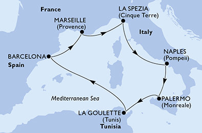 Itálie, Tunisko, Španělsko, Francie z Palerma na lodi MSC Splendida
