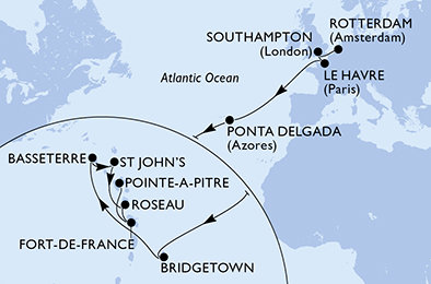 Nizozemsko, Velká Británie, Francie, Portugalsko, Barbados, Svatý Kryštof a Nevis, Antigua a Barbuda, Dominika, Martinik, Guadeloupe z Rotterdamu na lodi MSC Virtuosa