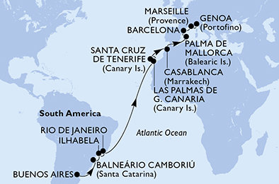 Argentina, Brazílie, Španělsko, Maroko, Francie, Itálie z Buenos Aires na lodi MSC Fantasia