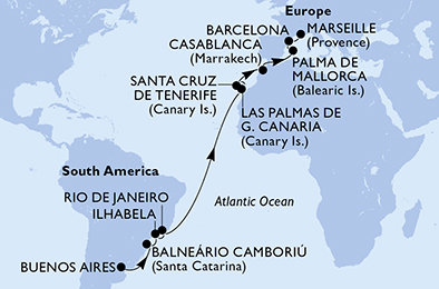Argentina, Brazílie, Španělsko, Maroko, Francie z Buenos Aires na lodi MSC Fantasia