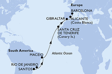 Brazílie, Španělsko, Velká Británie ze Santosu na lodi MSC Seaview