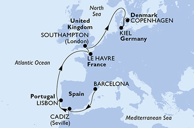 Španělsko, Portugalsko, Francie, Velká Británie, Německo, Dánsko z Barcelony na lodi MSC Euribia