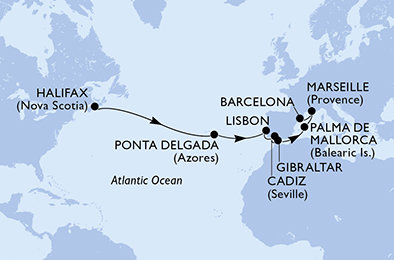Kanada, Portugalsko, Španělsko, Velká Británie, Francie z Halifaxu na lodi MSC Meraviglia