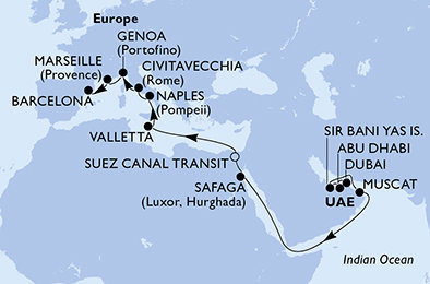 Spojené arabské emiráty, Omán, Egypt, Malta, Itálie, Francie, Španělsko z Dubaje na lodi MSC World Europa