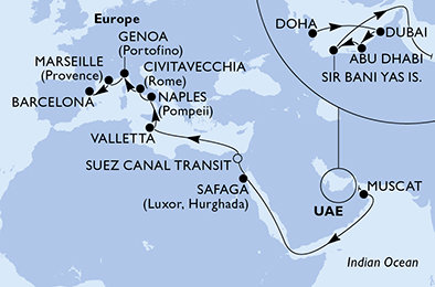 Katar, Spojené arabské emiráty, Omán, Egypt, Malta, Itálie, Francie, Španělsko z Dohy na lodi MSC World Europa