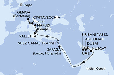 Spojené arabské emiráty, Omán, Egypt, Malta, Itálie z Dubaje na lodi MSC World Europa