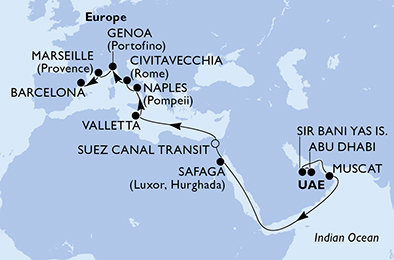 Spojené arabské emiráty, Omán, Egypt, Malta, Itálie, Francie, Španělsko z Abu Dhabi na lodi MSC World Europa