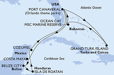 USA, Mexiko, Belize, Honduras, Zámořské území Velké Británie, Bahamy z Port Canaveralu na lodi MSC Seashore