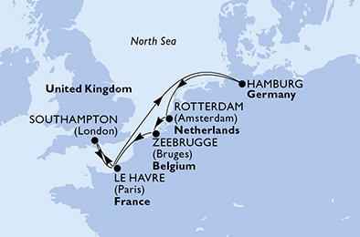 Velká Británie, Francie, Německo, Nizozemsko, Belgie ze Southamptonu na lodi MSC Preziosa