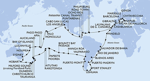 Španělsko, Velká Británie, Maroko, Kapverdy, Brazílie, Argentina, Zámořské území Velké Británie, Chile, Francouzská Polynésie, Cookovy ostrovy, Nový Zéland, Austrálie, Nová Kaledonie, Vanuatská republika, Samoa, Americká Samoa, USA, Mexiko, Kostarika, Panama, Jamajka, Britské Panenské ostrovy, Svatý Martin, Itálie, Francie z Barcelony na lodi MSC Magnifica