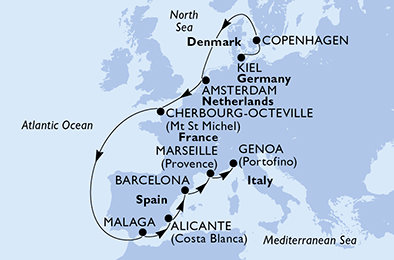 Německo, Dánsko, Nizozemsko, Francie, Španělsko, Itálie z Kielu na lodi MSC Euribia Německo, Dánsko, Nizozemsko, Francie, Španělsko, Itálie z Kielu na lodi MSC Euribia