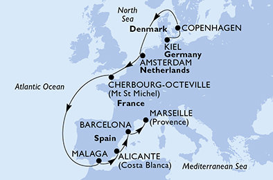 Německo, Dánsko, Nizozemsko, Francie, Španělsko z Kielu na lodi MSC Euribia Německo, Dánsko, Nizozemsko, Francie, Španělsko z Kielu na lodi MSC Euribia