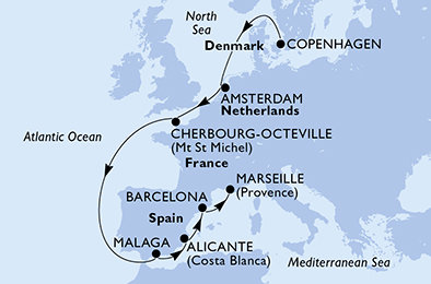 Dánsko, Nizozemsko, Francie, Španělsko z Kodaně na lodi MSC Euribia Dánsko, Nizozemsko, Francie, Španělsko z Kodaně na lodi MSC Euribia
