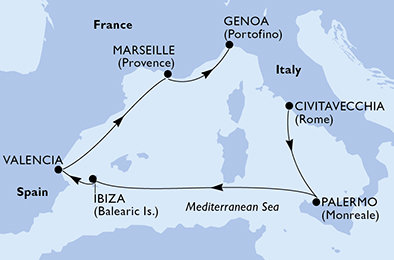 Itálie, Španělsko, Francie z Civitavecchia na lodi MSC Musica